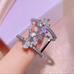 New 925 Silver Flower BlingBling Geometric Ladies Party Birthday Diamond Ring